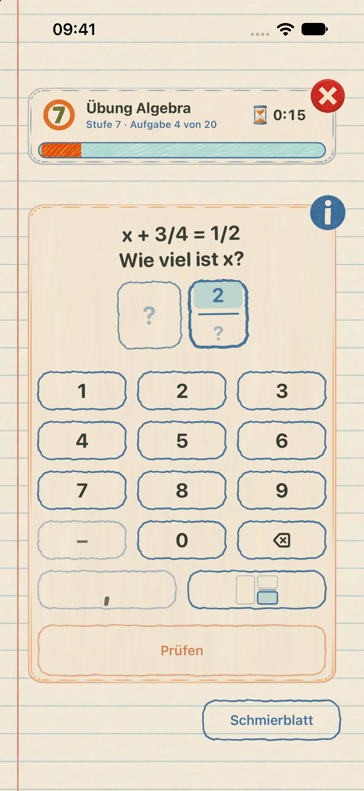 Eine Algebraaufgabe mit Brüchen in der App Zifferlinge