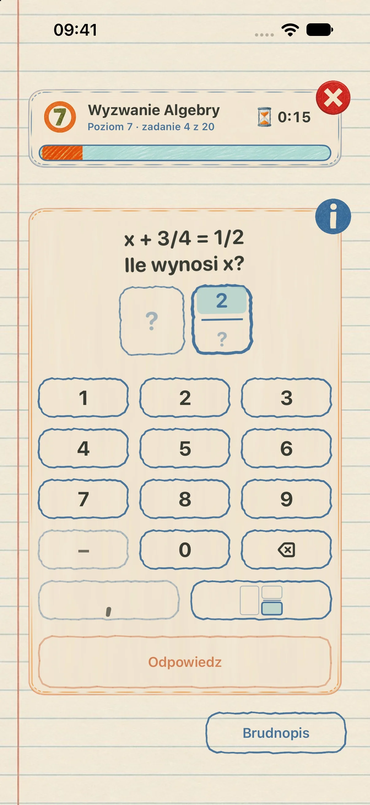 Ekran zadania algebraicznego z ułamkami w aplikacji Cyferki